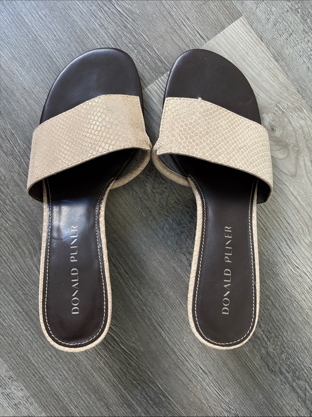 Donald J. Pliner Beige and Dark Brown Slide Sandals